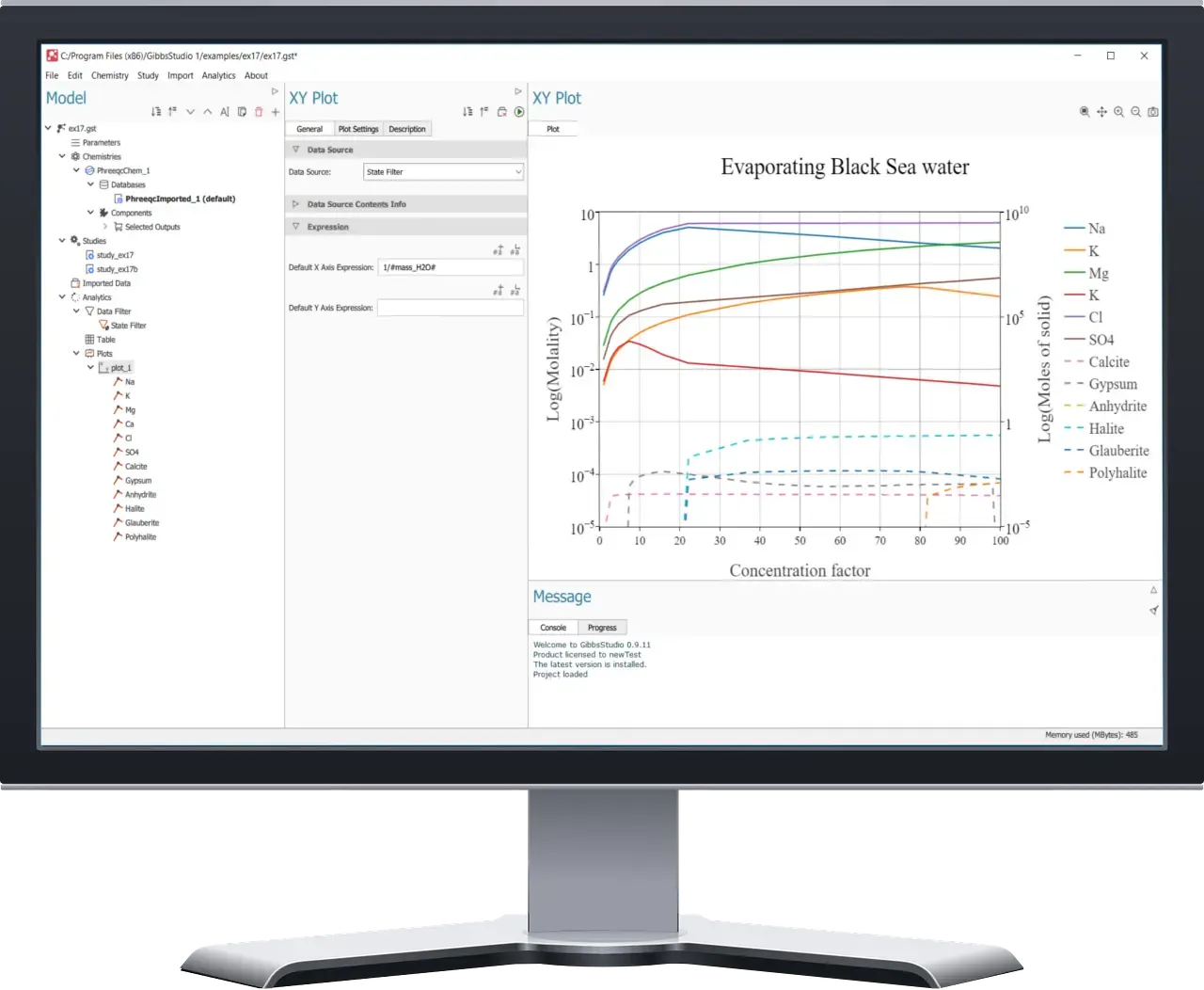 GibbsStudio running a PHREEQC example on a desktop monitor