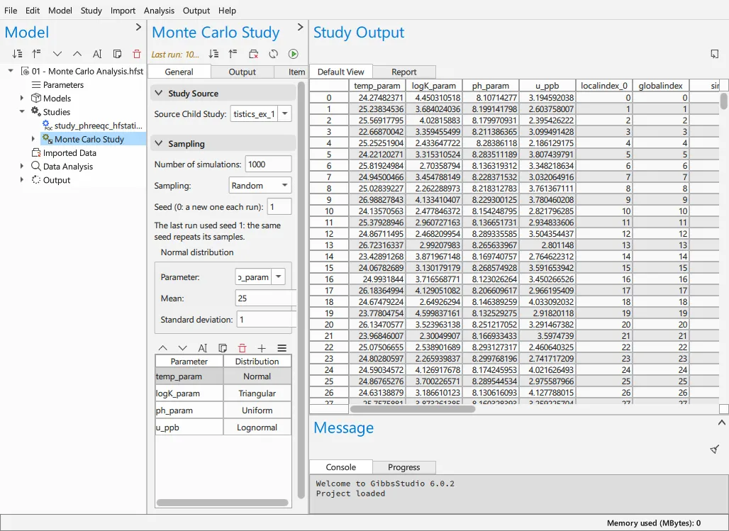 The Monte Carlo study form: number of simulations, sampling method, seed and per-parameter distributions