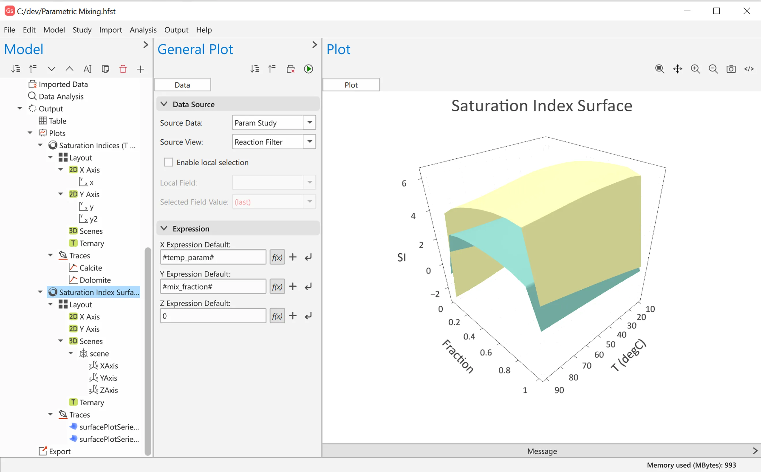 GibbsStudio running a PHREEQC parametric mixing study: the model tree, the plot data source and expressions, and a three-dimensional saturation-index surface over temperature and mixing fraction